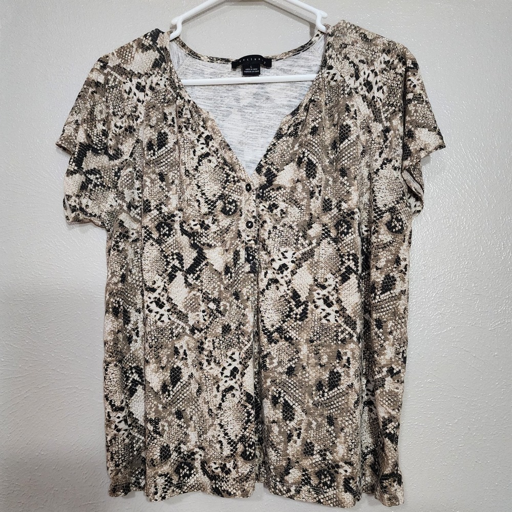 Sanctuary Top Womens L Large Brown Grey Snake Print Short Sleeve Blouse Casual